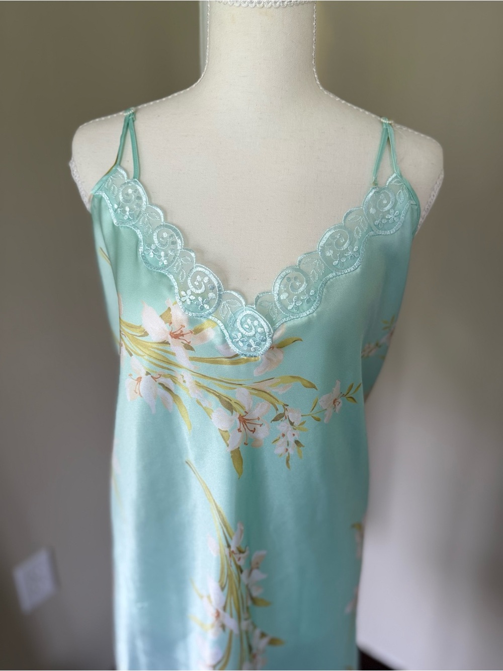 Vintage chemise robe set Mint Floral Satin Robe & Chemise Set Lace Trim Plus Siz - Picture 7 of 11